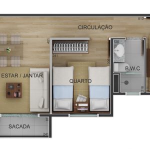 46,46 m² 2 dormitórios e varanda