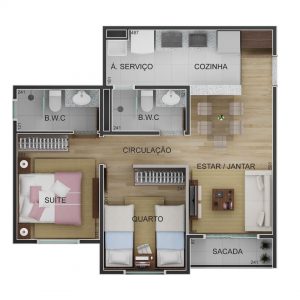49,06 m² - 2 dormitórios com suíte e varanda